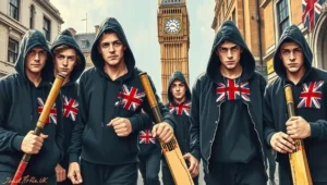 Proud Boys UK members standing guard at a British historical monument